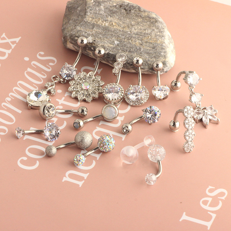 Cross-border Hot New Zircon Navel Ring Stainless Steel Double-Headed Heart-Shaped Diamond-Embedded Belly Button Piercing Jewelry 15 Pieces detail image 8