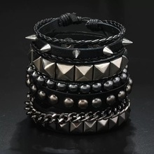 欧美新款多层朋克风链条手环男士酷帅机车铆钉手链手腕带跨境配饰