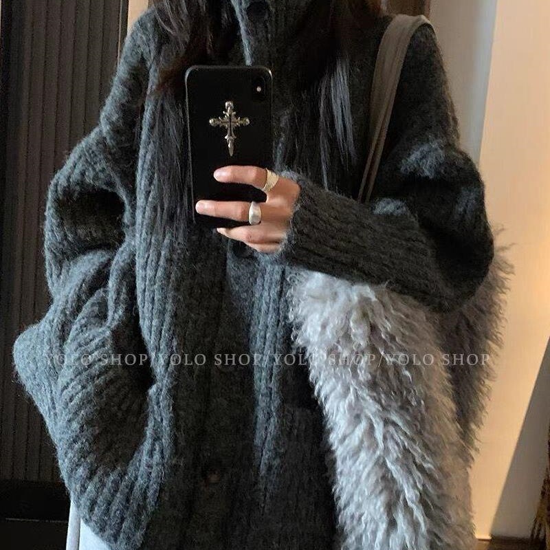 Korean Style Lazy High-Neck Button Design Sweater Jacket for Women Autumn and Winter Thickened Cardigan Top Wasteland Style Knitted
