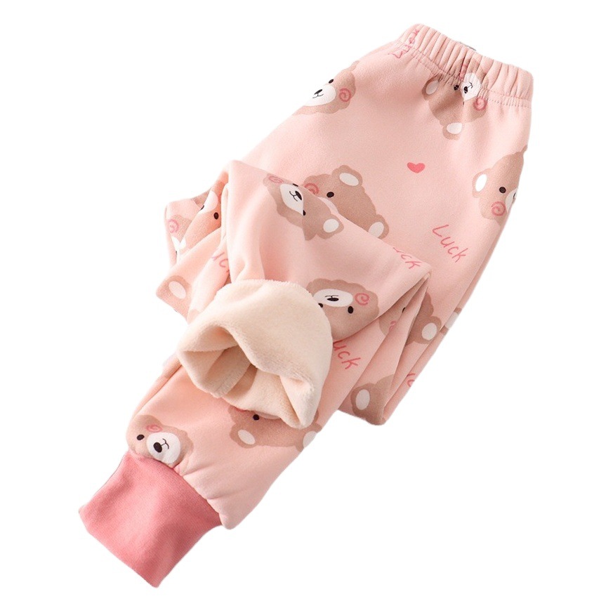 Children's Fleece-Lined Sleep Pants, Boys' Warm Pants, Toddler and Student Base Layer Pants, Autumn and Winter Style, Girls' Cartoon Jogger Pants