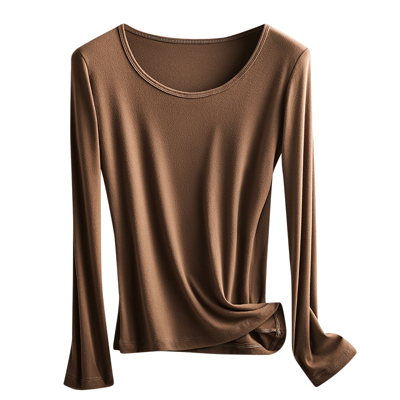 2024 otoño e invierno nuevo estilo cuello redondo con parche de manga larga camisa de fondo para mujer camisa de fondo cálida y cepillada ropa de otoño de una sola pieza