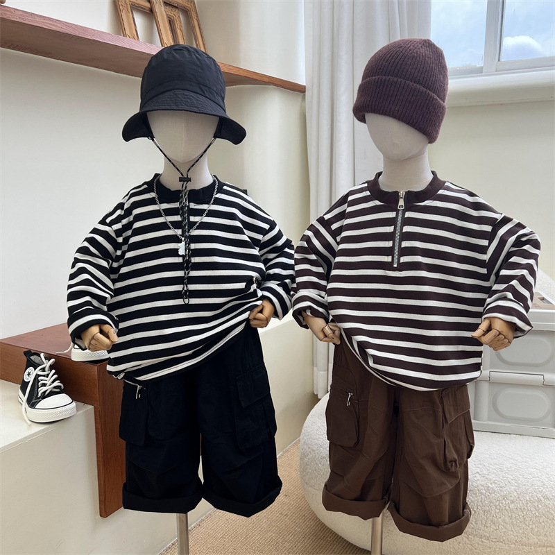 2024 Herbst Kinder American Half Zipper Striped Hoodie für Jungen und Mädchen, Loose Bottom Cotton Langarm Trendy_voghion.com