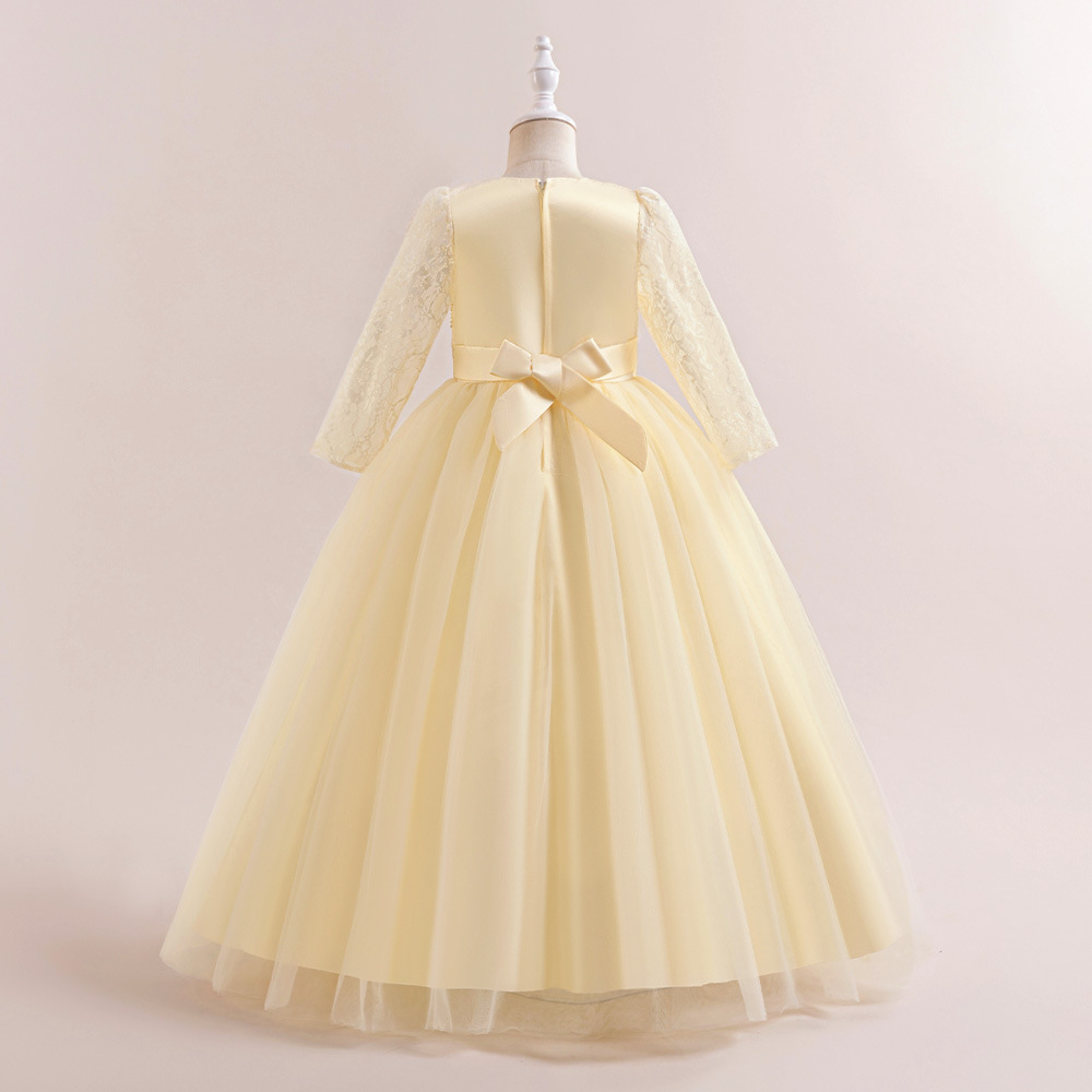 Amazon nuevo vestido de niños de tamaño medio vestido de princesa cuentas bordadas tela tela tela tela de malla vestido de noche de manga larga vestido de desfile