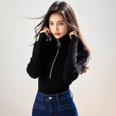 高领拉链弹力内搭打底衫女秋季高级感法式外穿修身长袖针织衫上衣
