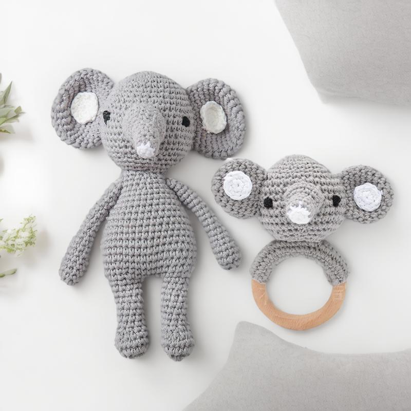 Cross-border crochet small gray elephant suit animal rattle baby doll baby soothing toy can chew crochet play Cross-border crochet small gray elephant suit animal rattle baby doll baby soothing toy can chew crochet play