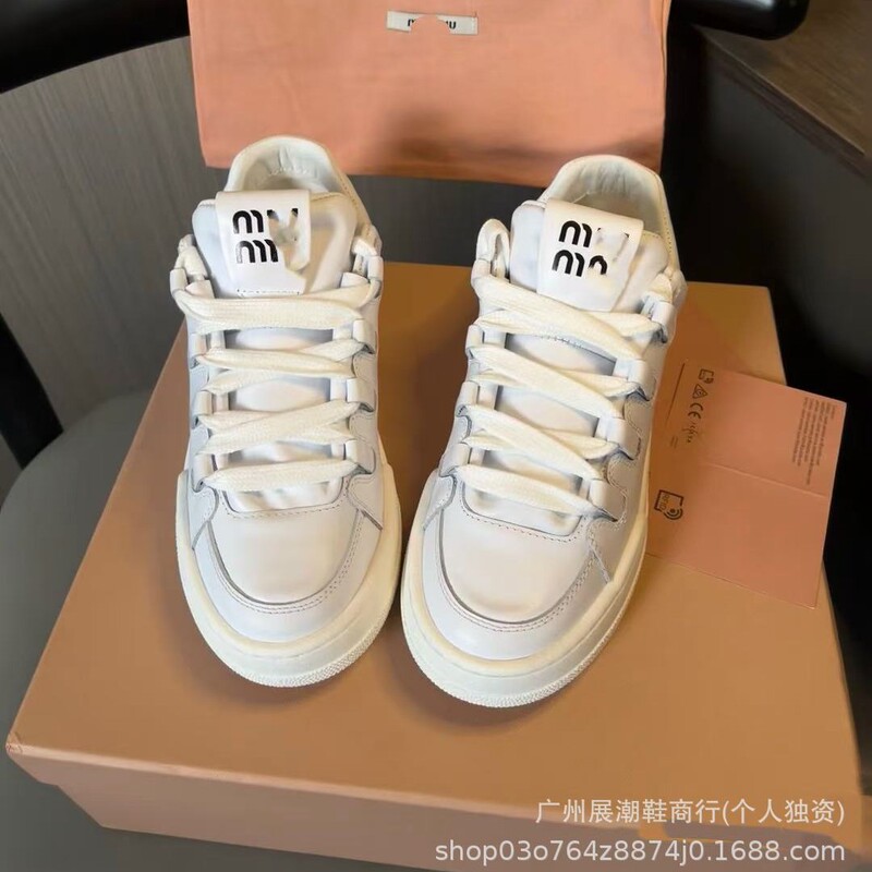 High Version 2024 New Miu Genuine Leather All-match Thick Sole Rest White Shoes Round-toed Bread Shoes Lace-up
