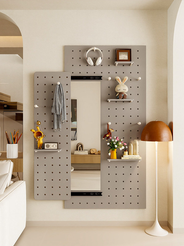 Solid Wood Pegboard Storage Rack with Integrated Clothes Rack for Entryway, Concealing the Electric Meter Box, and a Hidden Full-Length Sliding Mirror