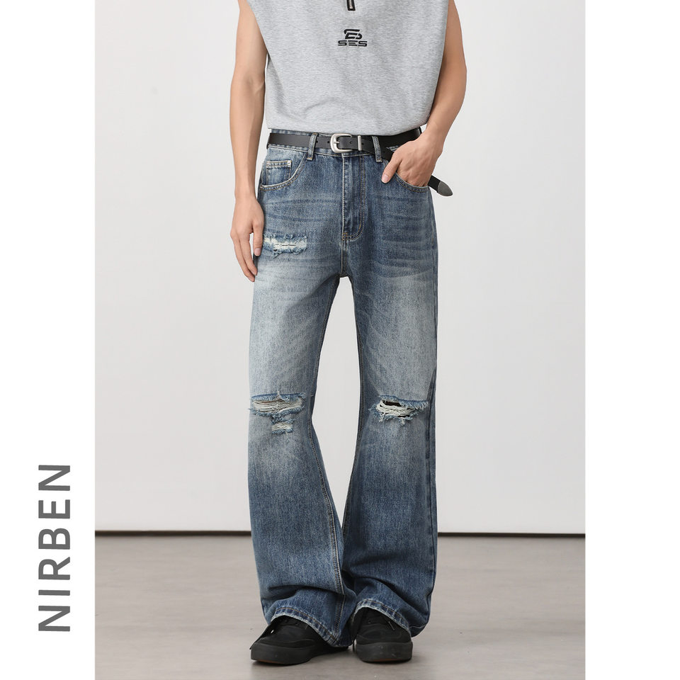 Quần jean nam ống loe nhẹ rách gối phong cách retro, dáng rộng ống suông tôn dáng, quần dài casual — Xanh nhạt, Xanh đậm