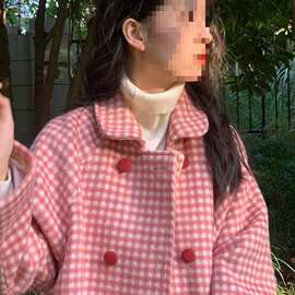 可爱学院风娃娃领格纹呢子外套秋冬新款小个子百搭中长款毛呢大衣