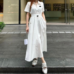 【深圳南油】夏收腰显瘦百搭休闲时尚气质女款翻领短袖抽绳连衣裙