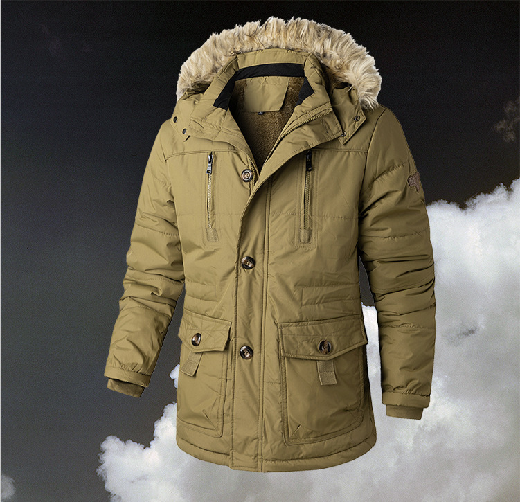 Vīriešu vienkāršs mētelis ar atloku kabatām, pogām priekšpusē, pūkainu apdari, kapuci, standarta piegriezums, ikdienas mētelis ar garām piedurknēm, rāvējslēdzēju ziemas vīriešu virsdrēbēm_voghion.com