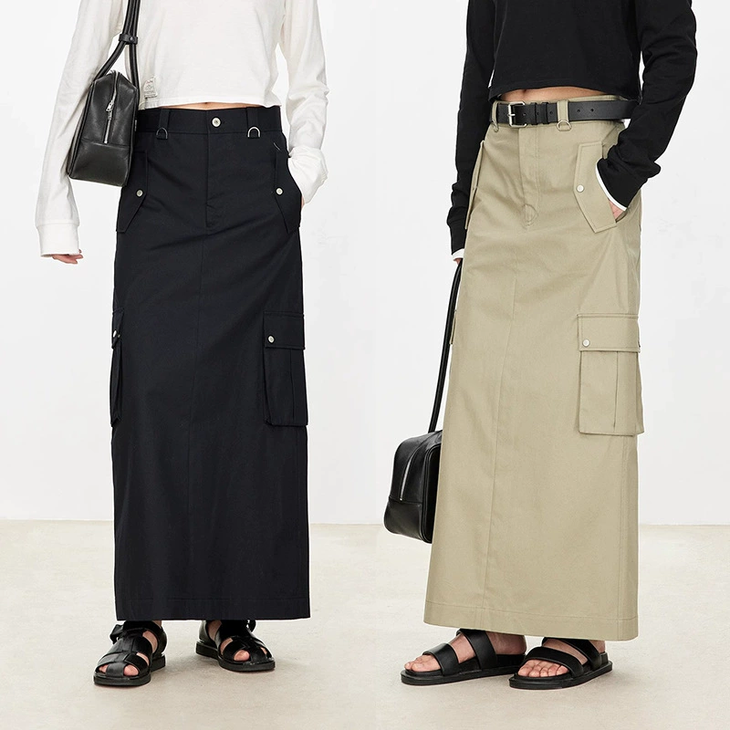 Ранней весной новый стиль драпировка широкая против морщин хлопок PIMA Американский Ретро стиль дизайн чувство Мульти Карманы рабочая одежда длинная юбка