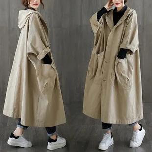 Spring and Autumn New Artistic Loose plus size Over-the-knee Long Large Pocket Coat Women's Casual All-match Hooded Coat
