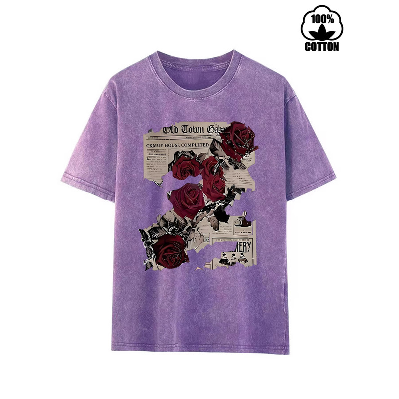 Women's Pure Cotton Washed Cotton T-Shirt with Vintage Newspaper and Red Rose Print, Round Neck, Short Sleeves Women's Pure Cotton Washed Cotton T-Shirt with Vintage Newspaper and Red Rose Print, Round Neck, Short Sleeves