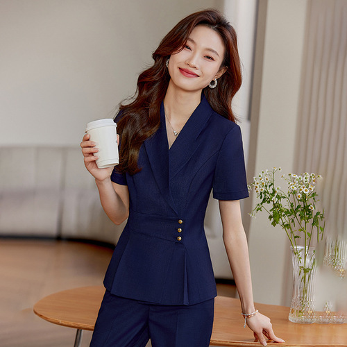 Khaki short-sleeved suit suit for women summer new business attire formal jewelry store beauty salon front desk work clothes