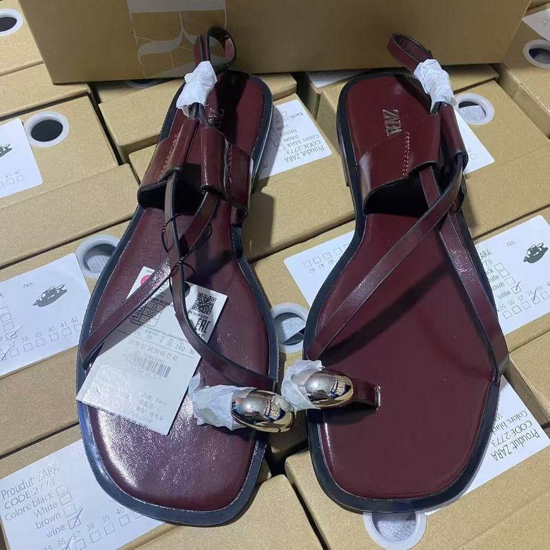 ZA2025 新しい夏のスクエアトゥトングフラットサンダル女性のクロスストラップカジュアルアウタービーチシューズファッションシューズ|undefined