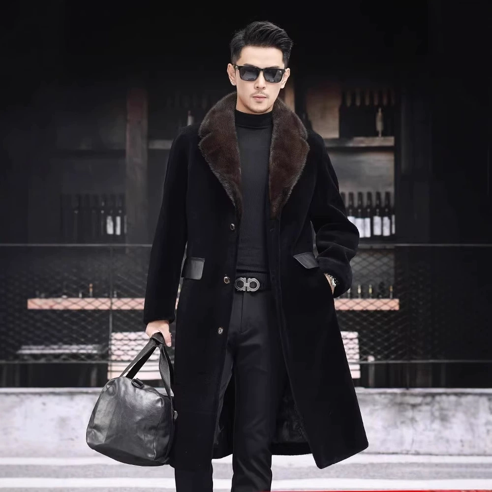 Woolen long velvet trench coat, down jacket, genuine leather