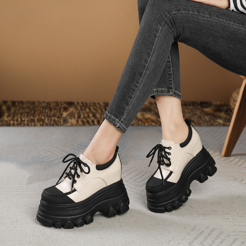 Giày platform nữ đế xuồng buộc dây, gót trong 12 cm, da thật mềm mại — Màu trắng be