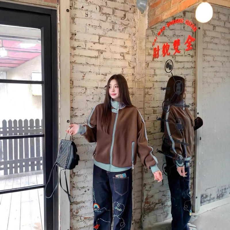 Early Autumn American Style Lazy High-End Sweatshirt Jacket Loose Neutral Sports Style Retro Contrast Color Cardigan Stand Collar Jacket