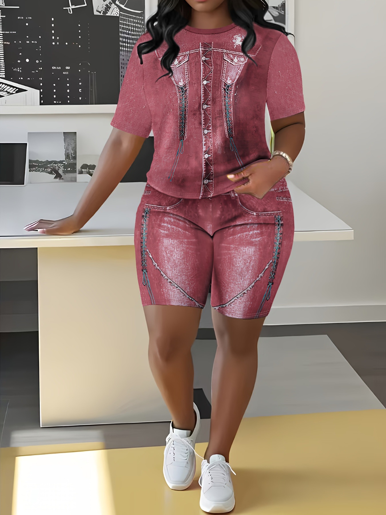 Completo da donna in denim stampato, composto da top a maniche corte con scollo rotondo e vestibilità ampia e pantaloncini aderenti._voghion.com