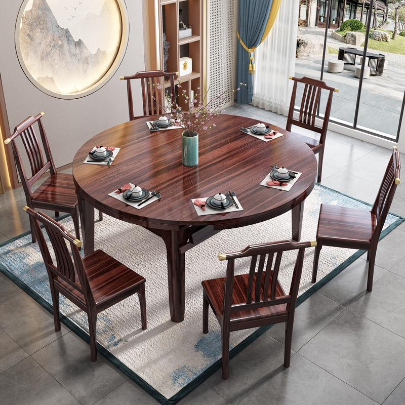 烏金木新中式輕奢實木餐桌椅組合家用吃飯桌子可伸縮變形兩用圓桌