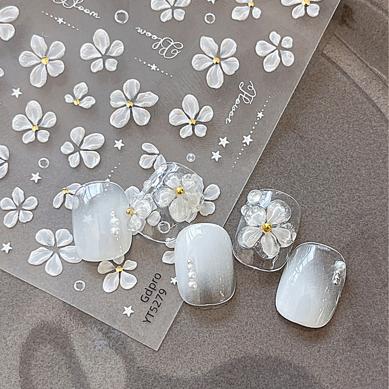 Jelly five petal flower nail art sticker 2025 new irregular crystal diamond white flower adhesive nail decal decoration wholesale