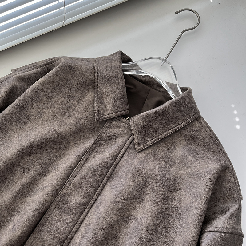 Giacca in pelle scamosciata marrone vintage per uomo e donna, giubbotto bomber oversize con chiusura a cerniera, cappotto in morbida similpelle_voghion.com