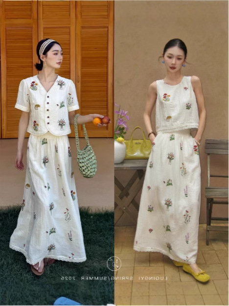 Lu Qingyi [Everything is Beautiful] リネンヘビーウェイト刺繍半袖Tシャツレディース夏レイジースタイルスカートスーツ|undefined