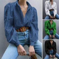 亚马逊2025春夏外贸欧美翻领休闲宽松时尚镂空泡泡袖开衫上衣女装