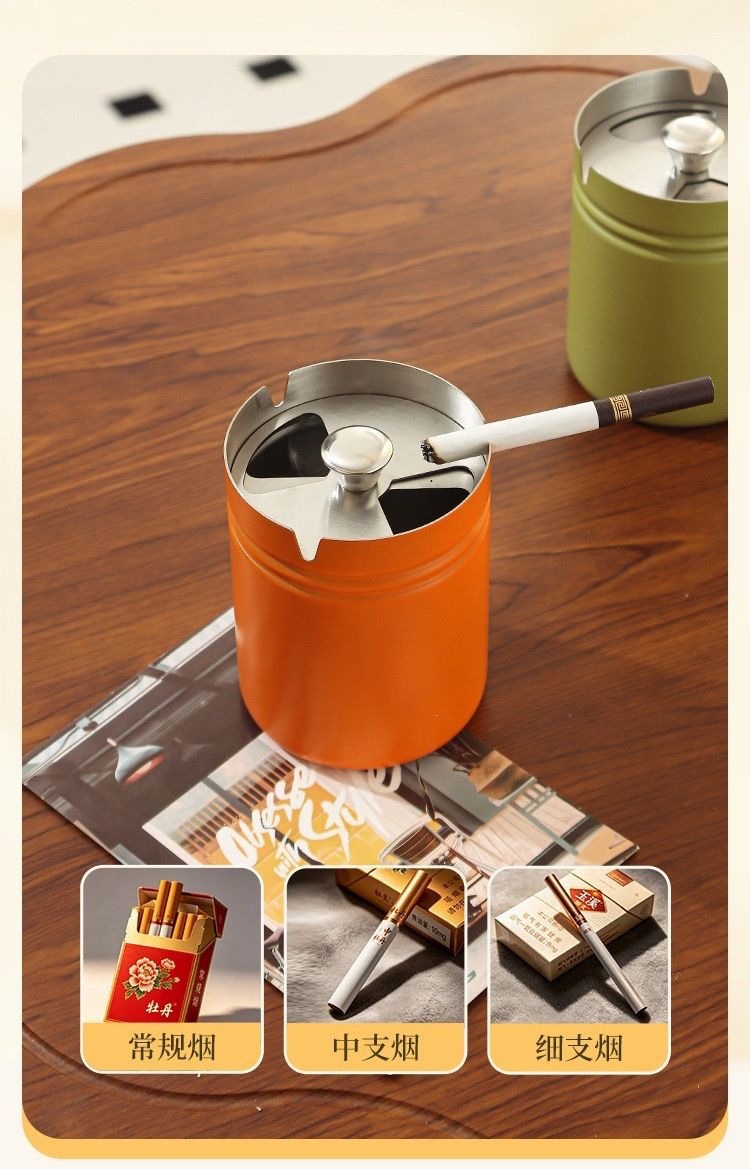 Car-mounted ashtray made of stainless steel with a lid to prevent ash from flying, anti-tipping, rotating, and sealed for office use
