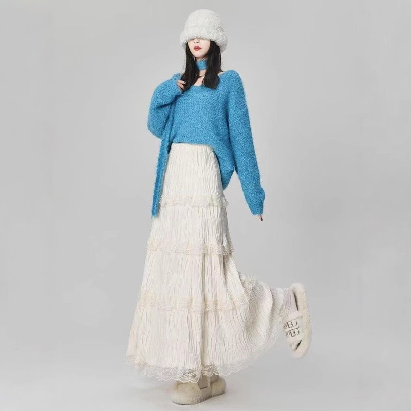 White Lace Stitching Skirt Spring 2025 New Gentle Style Fairy A- Line Long Dress Velvet Large Umbrella Skirt