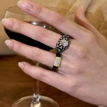 vintager中古宽面黑色椭圆闪钻戒指女精致食指戒轻奢高级感指环