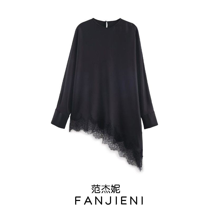 Zr Export Wholesale European and American Style Women's Round Neck Long-Sleeved Asymmetric Hem Lace Trim Shirt 9663100