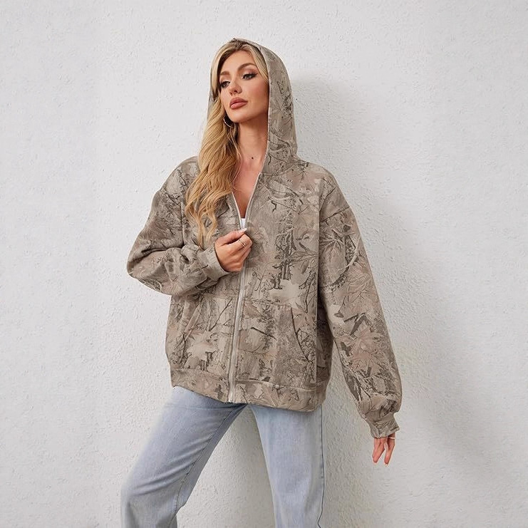 Trendy Fashion Cross-Border Women's Unisex Camouflage Zipper Hoodie with Maple Leaf Print Long-Sleeve Jacket