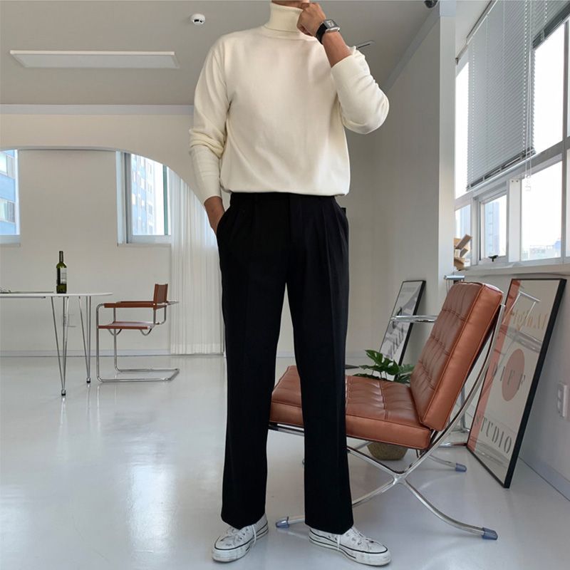 Men's Slim Fit Turtleneck Sweater – Korean-Inspired, Solid Color, Long Sleeve Pullover (M-3XL, Black/White/Apricot/Brown/Camel_voghion.com