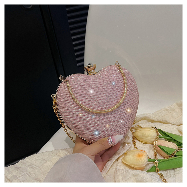 Borsa a tracolla diagonale in metallo con intarsi di diamanti a forma di cuore di pesca, da sera, da donna, nuova_voghion.com