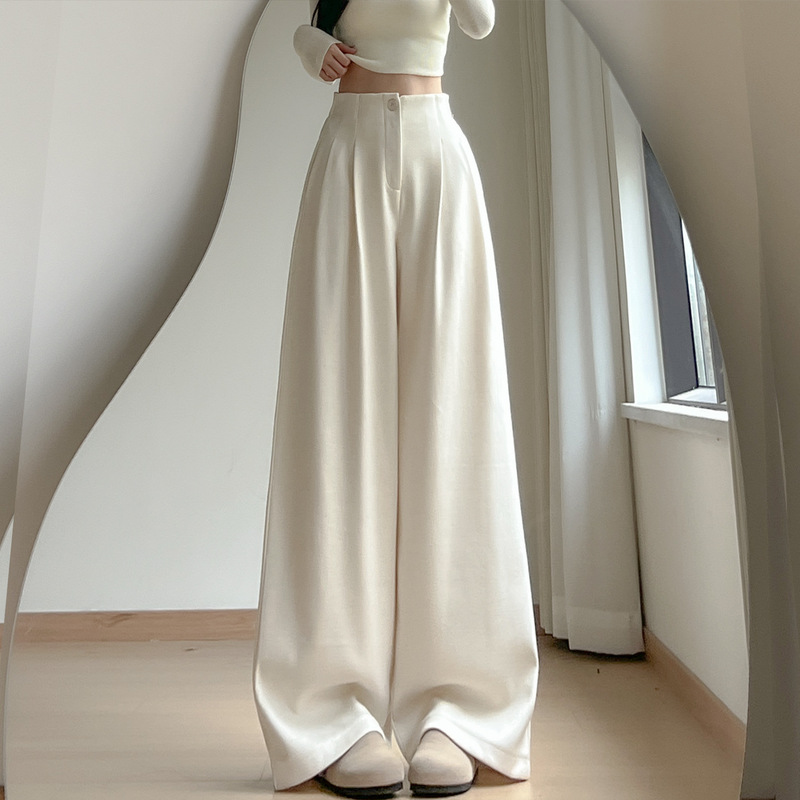 Off-White Woolen Suit Pants for Women, Autumn and Winter 2025 Season, New High-Waisted Loose Slimming High-End Wide-Leg Pants