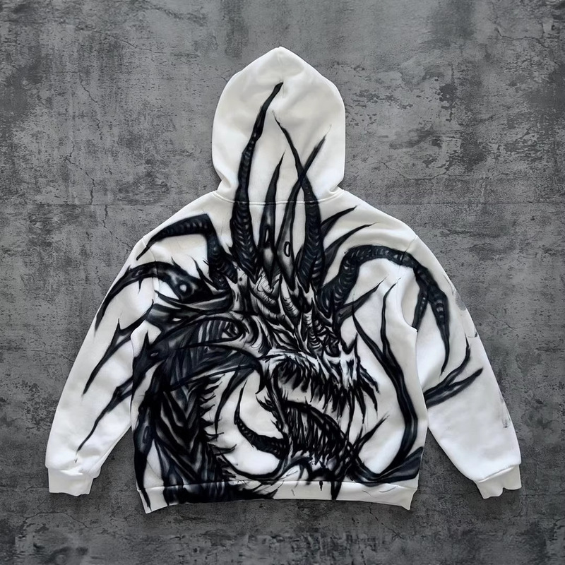 European and American Foreign Trade Ins-Style Dark Loose Monster Print Personalized Cool American-Style Hooded Long-Sleeve Pullover Pocket Sweatshirt