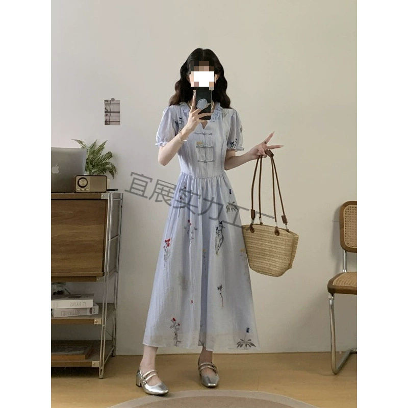夏季大码温柔气质显瘦优雅国风盘扣碎花刺绣连衣裙女蓝色裙子