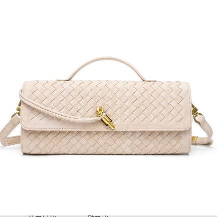 跨境热销手工编制复古软皮法棍包横款方型风琴包纯色外贸手提斜跨