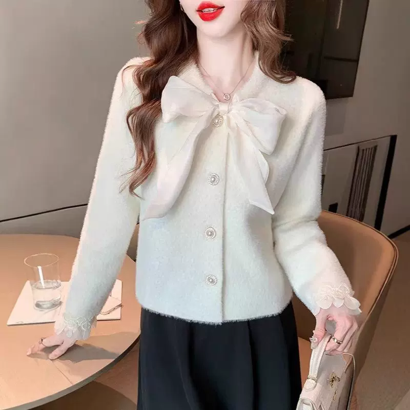 秋冬季新款仿水貂绒洋气质蝴蝶结系带针织韩版法式小香风毛衣开衫