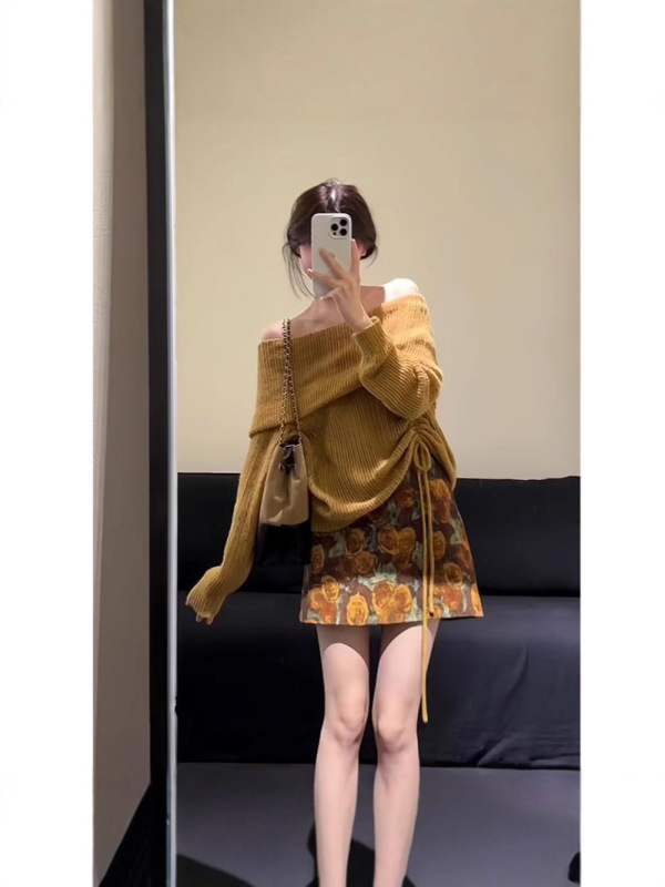 2025早秋新款女法式复古荡领长袖针织上衣百搭高腰显瘦印花半身裙|undefined