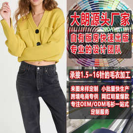 大朗毛衣小批量加工定制 春秋欧美装V领开衫针织衫女来图来样打版