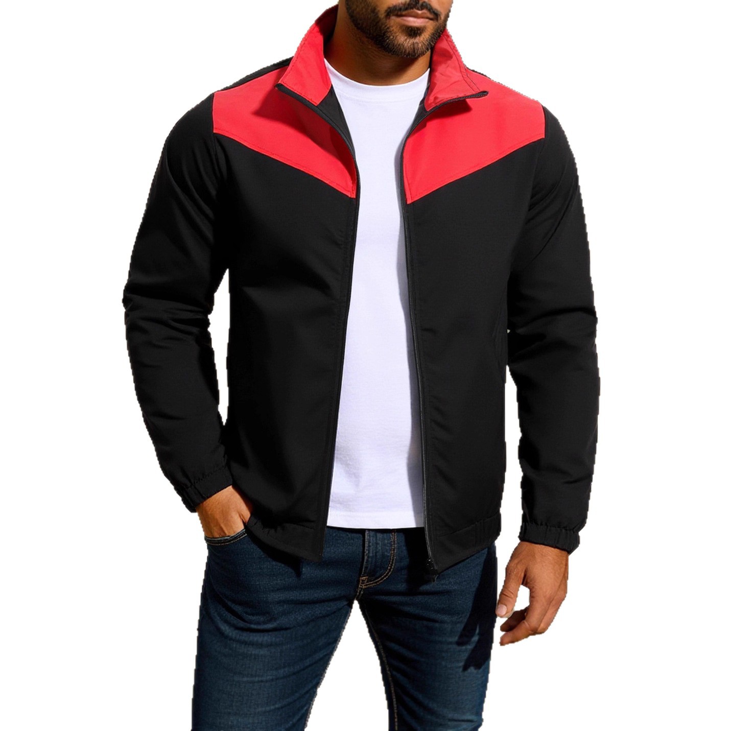 New Autumn Men's Windproof With High Collar, Color-blocking, Zippered Raglan Sleeves, And Zip-up Cardigan Jacket_voghion.com