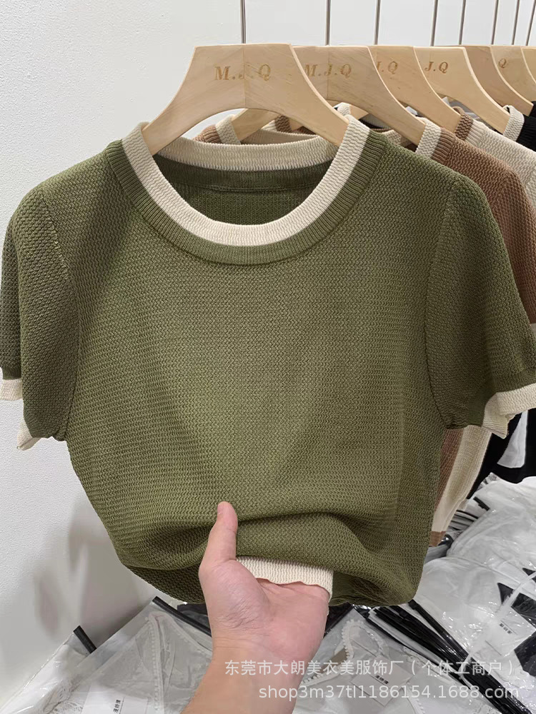 2025 Summer Korean Knitted Sweater Short-sleeved New Round Neck Contrast Color French Slim-fit Slimming Top Women's Base Shirt