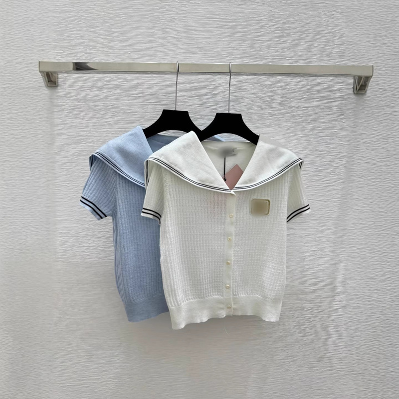 Mm High-End Version Miu Miu 26 Spring/Summer New Solid Color Navy Collar Knitted Short-Sleeve Cardigan Casual Top for Women Mm High-End Version Miu Miu 26 Spring/Summer New Solid Color Navy Collar Knitted Short-Sleeve Cardigan Casual Top for Women