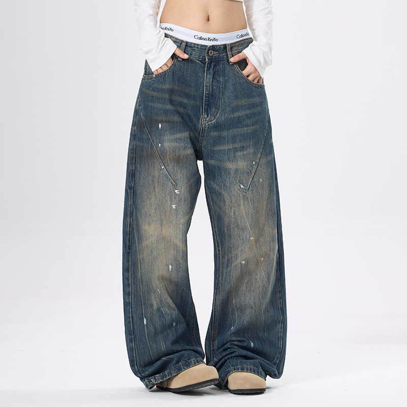 High Street Trendy Brand Spray Paint Wide-Leg Jeans for Men Hip-Hop Cool Loose Straight Stacked Skateboard Floor-Length Pants