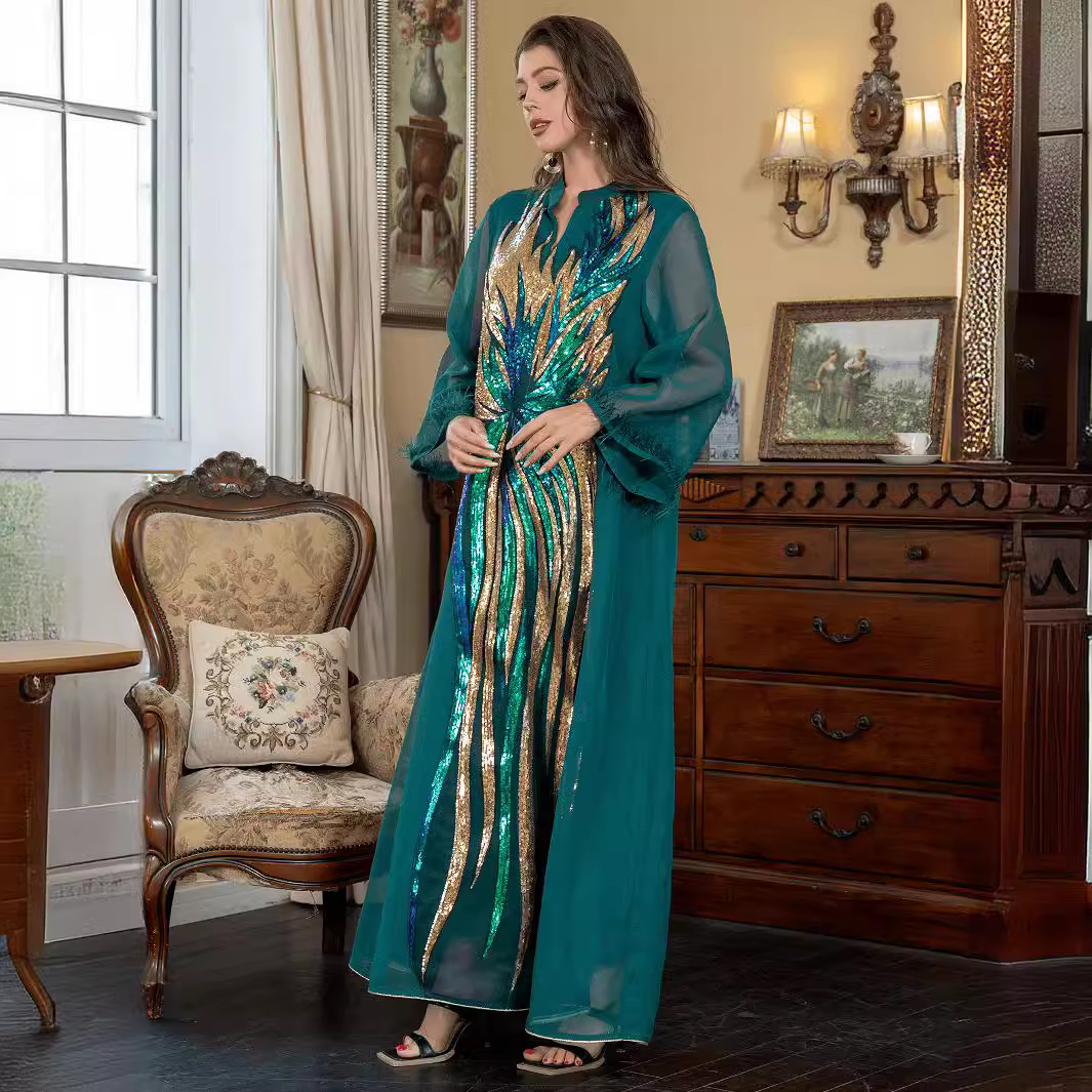 Women's Clothing Muslim V Neck Long Sleeved Ladies Robe Fashionable Ostrich Hair Sequined Dress Abaya_voghion.com