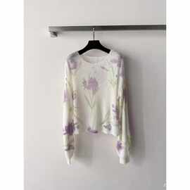 南油26早春新款甜美手绘花朵印花长袖镂空羊毛针织衫上衣女