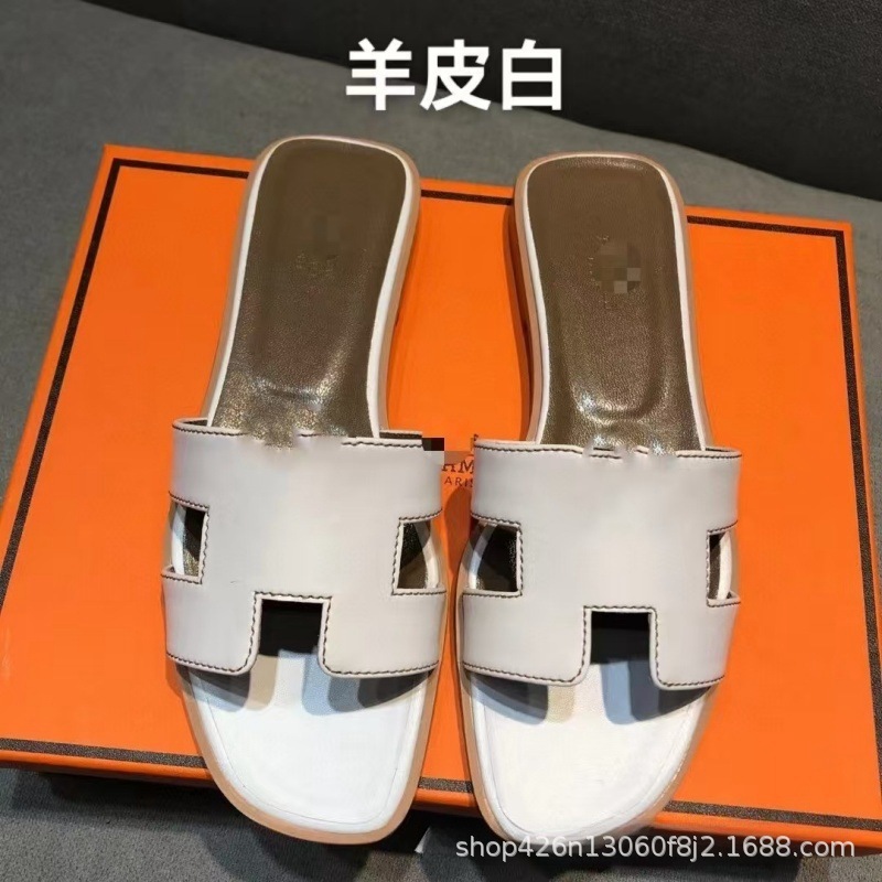 外贸经典款H家拖鞋女夏季高版本休闲一字型羊皮平底拖鞋批出货快|undefined